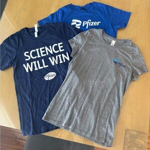 3 Pfizer short sleeve tee shirts, all fit like Sz XS, Cotton or cotton blend